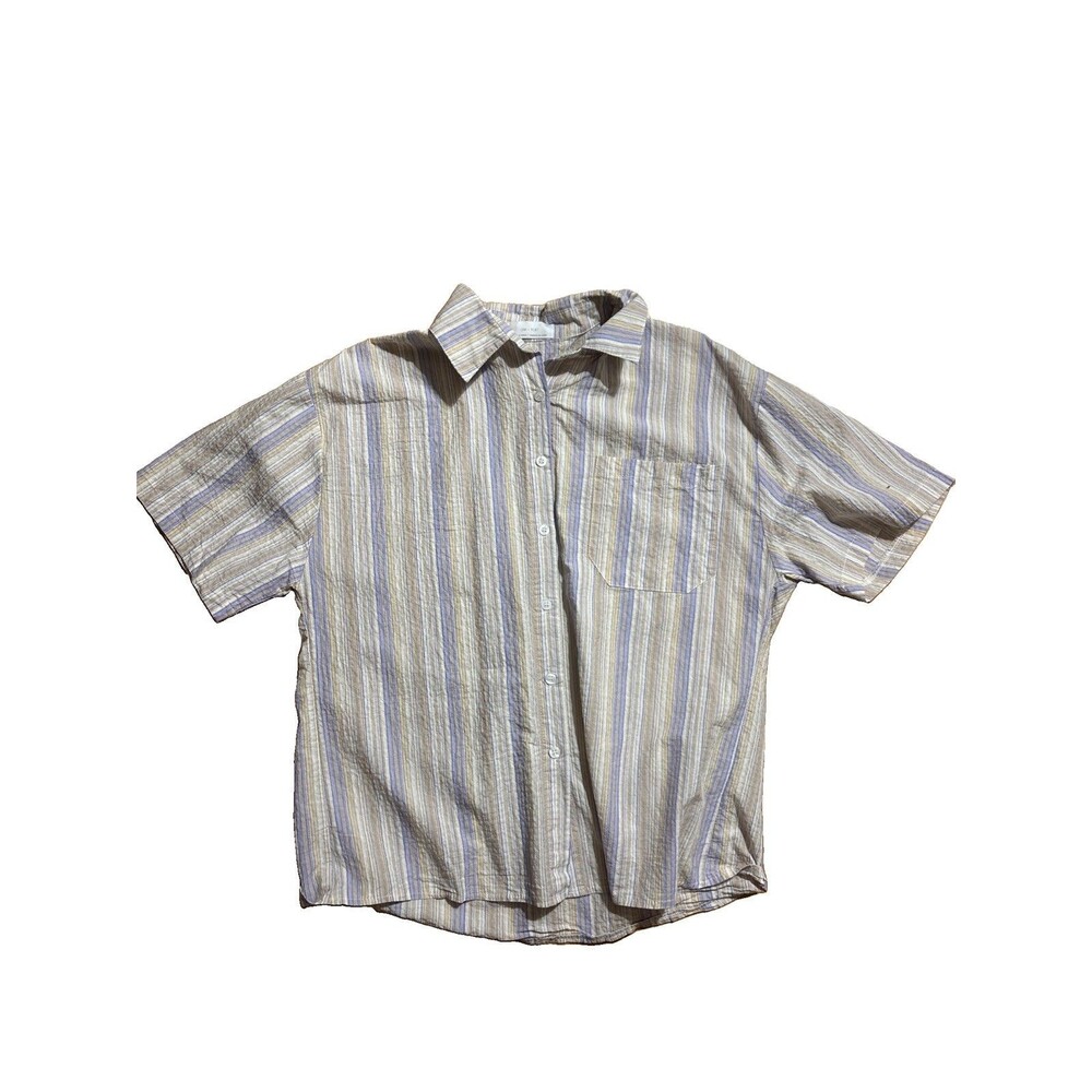 OAK + FORT Button Up Shirt Womens S/M Striped Poplin Purple Yellow Cotton